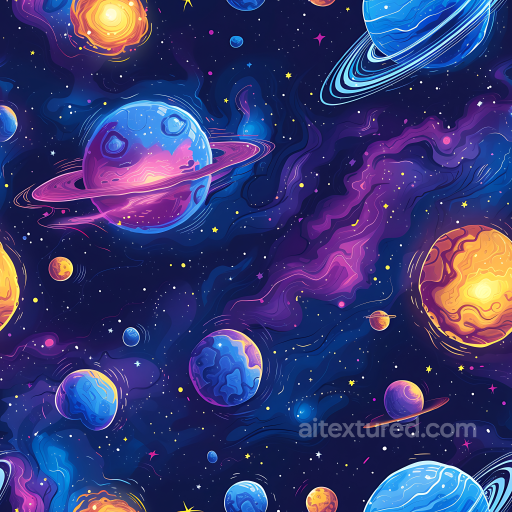 Space PBR Texture with Cartoon Planets and Colorful Nebulae seamless Star, space, planets PBR texture