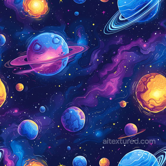 Space PBR Texture with Cartoon Planets and Colorful Nebulae Star, space, planets texture preview
