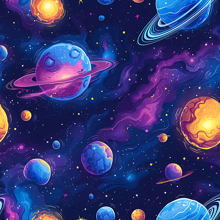 Space with Cartoon Planets and Colorful Nebulae seamless PBR texture preview