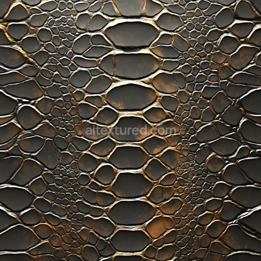 Seamless 3D reptilian cracked skin PBR texture with metallic highlights and organic patterning
