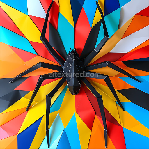 Seamless 3D PBR Texture Featuring Black Widow Spider Origami with Vibrant Geometric Background