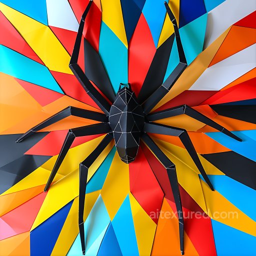 Animal - Seamless 3D PBR Texture Featuring Black Widow Spider Origami with Vibrant Geometric Backg… texture preview