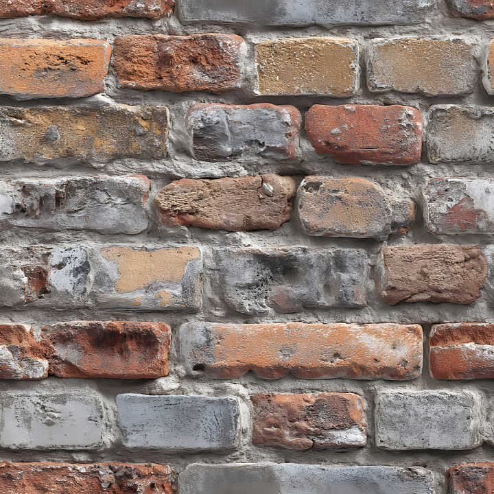 Weathered Cracked Multi-Color Brick Wall with Chipped Surfaces seamless PBR texture preview