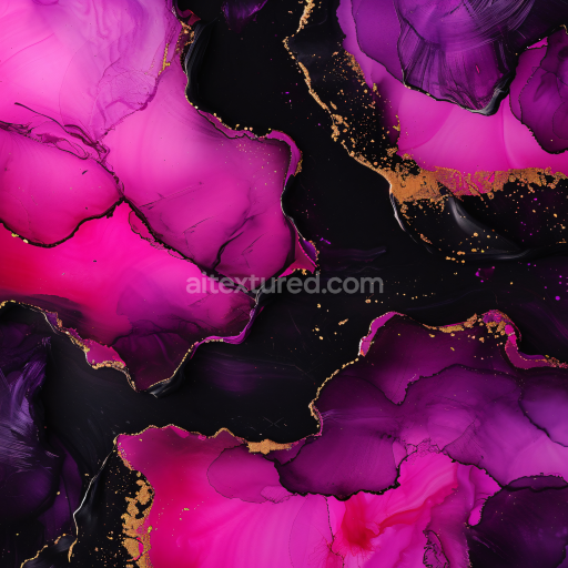 Seamless 3D Alcohol Ink PBR Texture Featuring Vibrant Pink and Purple Swirls with Gold Veining