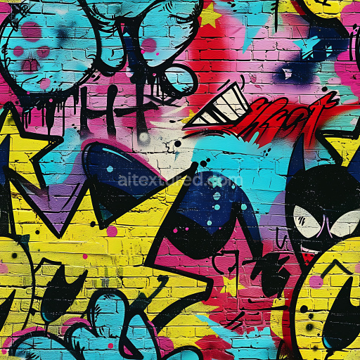 Seamless 3D PBR Graffiti Texture Featuring Bright Stars and Abstract Street Art