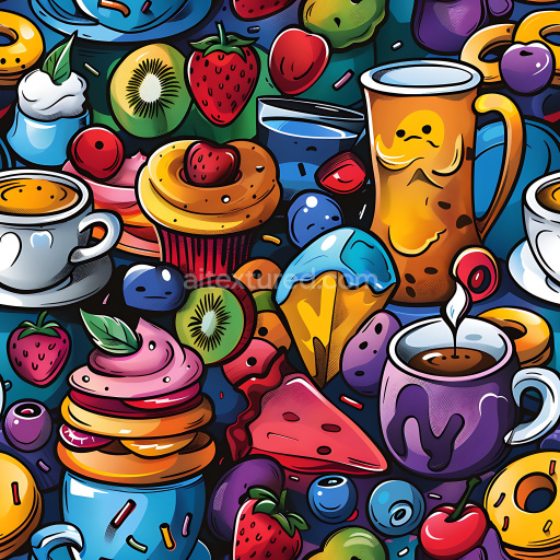 Seamless 3D PBR texture with vibrant cartoon-style food graffiti