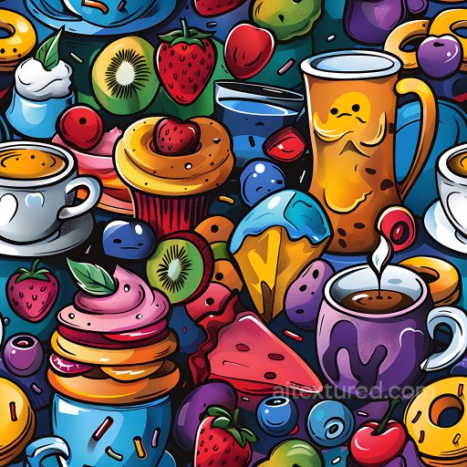 Seamless 3D PBR texture with vibrant cartoon-style food graffiti texture preview