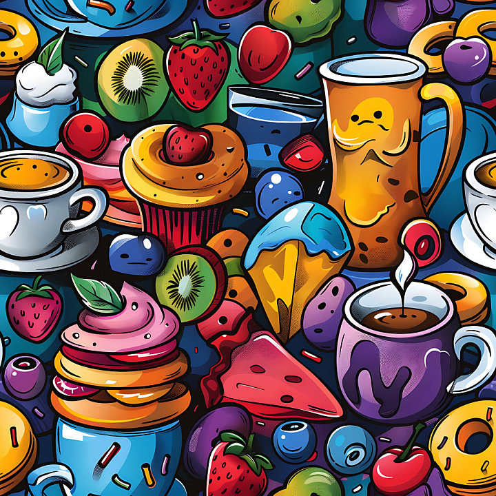 With Vibrant Cartoon-Style Food Graffiti seamless PBR texture preview