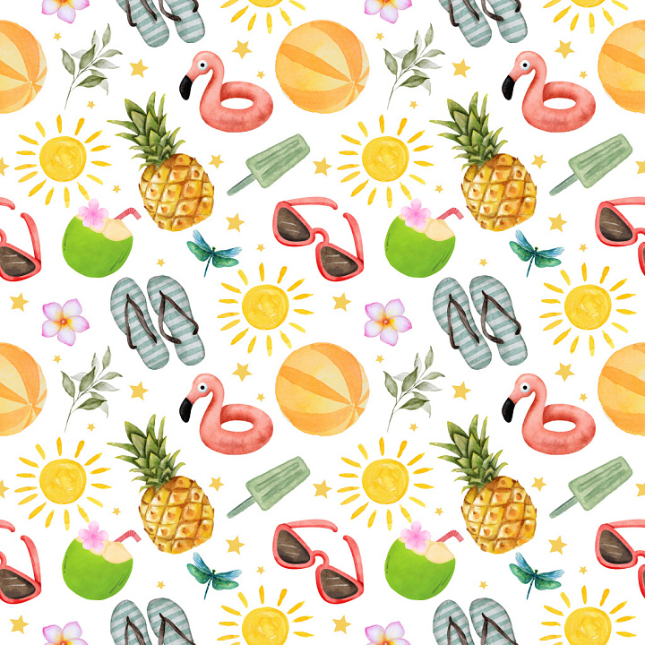 Pattern Featuring Playful Summer Watercolor Motifs seamless PBR texture preview