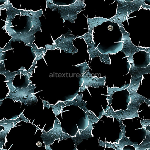 Seamless 3D Cracked and Holed Metallic Surface PBR Texture in Blue-Black