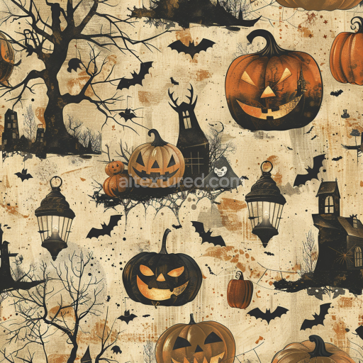 Preview — Seamless vintage Halloween 3D PBR fabric texture with pumpkins and bats