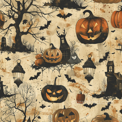 Seamless vintage Halloween 3D PBR fabric texture with pumpkins and bats seamless Vintage Halloween PBR texture