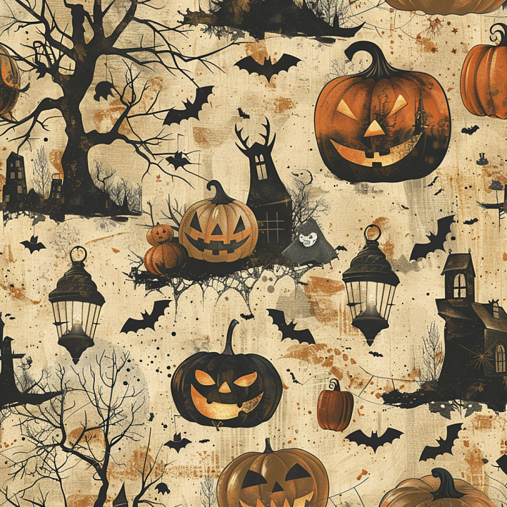Vintage Halloween Fabric With Pumpkins And Bats seamless PBR texture preview