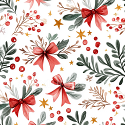 seamless Seamless 3D PBR Christmas Watercolor Texture with Red Bows and Greenery texture 8k free download PBR