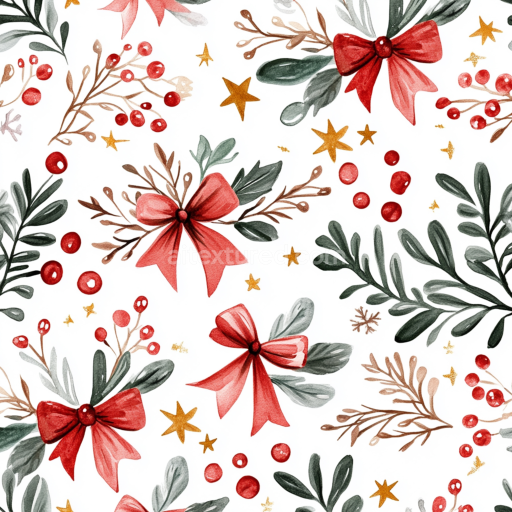 Seamless 3D PBR Christmas Watercolor Texture with Red Bows and Greenery
