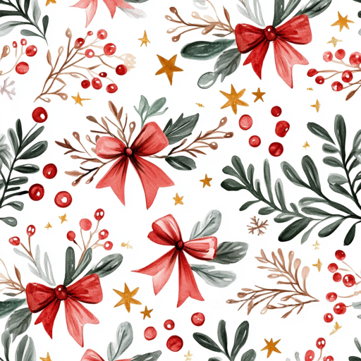 Christmas Watercolor Texture with Red Bows and Greenery seamless Christmas Watercolor PBR texture