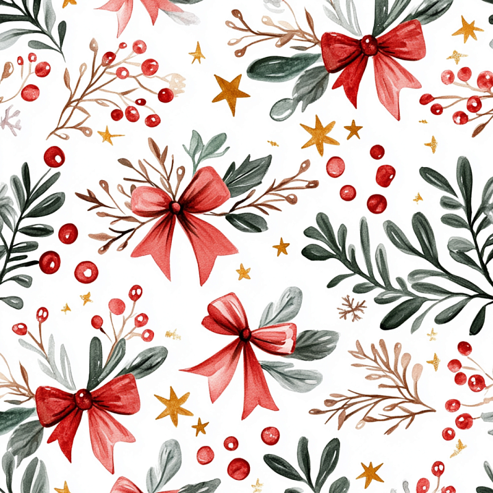 Christmas Watercolor with Red Bows and Greenery seamless PBR texture preview