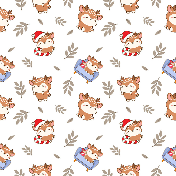 Pattern Featuring Cute Cartoon Deer with Leaves and Holiday Motifs seamless PBR texture preview