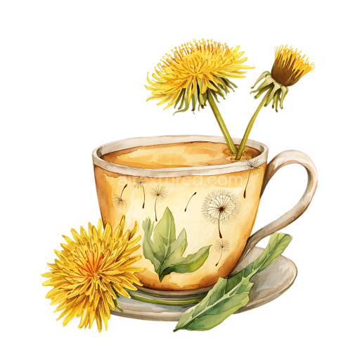 Watercolor Dandelion Tea Cup Breakfast Graphic with Yellow Flowers