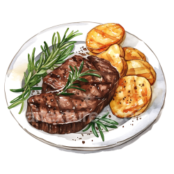 seamless Watercolor Breakfast Illustration of Grilled Beef Steak with Roasted Potatoes and Fresh Rosemary texture 8k free download PBR