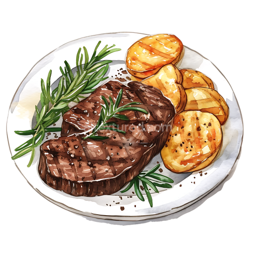Watercolor Breakfast Illustration of Grilled Beef Steak with Roasted Potatoes and Fresh Rosemary