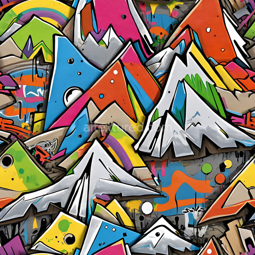 Seamless 3D PBR graffiti texture featuring colorful mountain shapes and dynamic urban paint style
