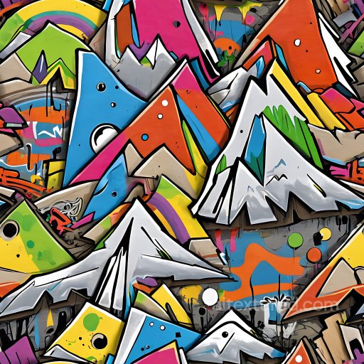Seamless 3D PBR graffiti texture featuring colorful mountain shapes and dynamic urban pai… texture preview