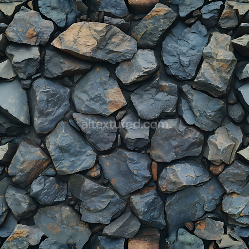 Seamless 3D Slate Rock Wall PBR Texture with Rough, Layered Stones and Rust Accents