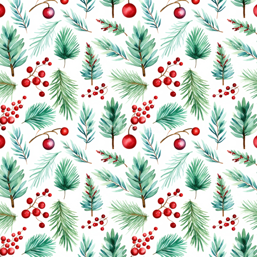 Seamless 3D PBR Christmas Watercolor Texture with Hand-Painted Pine Leaves and Red Berries