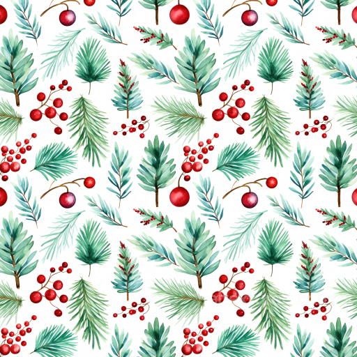 Christmas Watercolor Texture with Hand-Painted Pine Leaves and Red Berries seamless Christmas Watercolor PBR texture