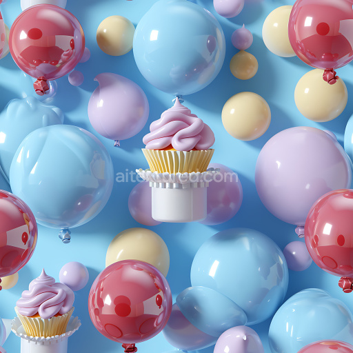 Seamless 3D Inflated PBR Texture with Glossy Balloons and Frosted Cupcakes