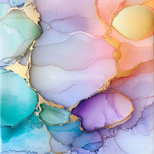 Seamless 3D Alcohol Ink PBR Texture Featuring Pastel Fluid Colors and Gold Veins