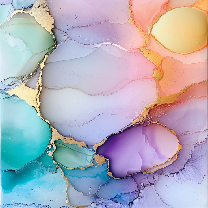 Alcohol Ink Featuring Pastel Fluid Colors and Gold Veins seamless PBR texture preview