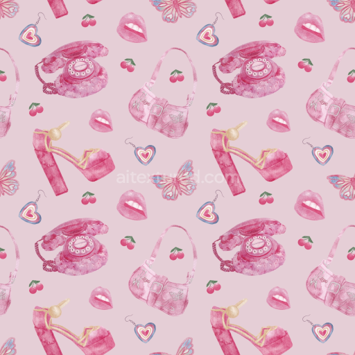 Seamless 3D PBR Texture of Pink Retro Accessories with Cherries & Lips Pattern