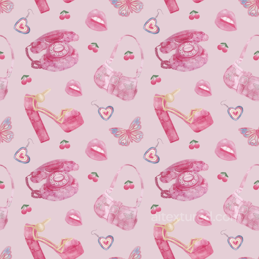 Baby Girl Texture of Pink Retro Accessories with Cherries & Lips Pattern seamless Baby girl  PBR texture