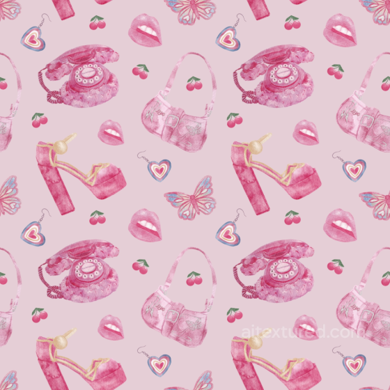 Baby Girl Texture of Pink Retro Accessories with Cherries & Lips Pattern Baby girl texture preview
