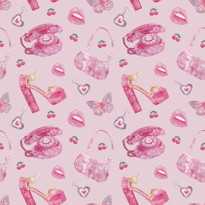 Baby Girl of Pink Retro Accessories with Cherries & Lips Pattern seamless PBR texture preview
