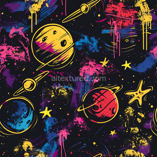 Seamless 3D PBR Graffiti Texture Featuring Stylized Space Planets & Stars