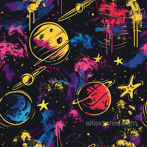 Seamless 3D PBR Graffiti Texture Featuring Stylized Space Planets & Stars texture preview
