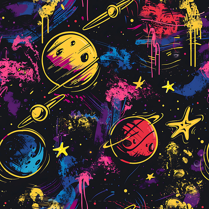 Graffiti Featuring Stylized Space Planets & Stars seamless PBR texture preview