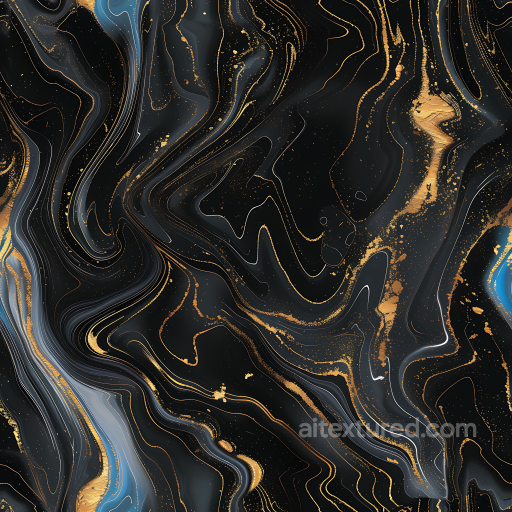 Glossy Black Marble Seamless Texture with Swirling Gold and Blue Veins seamless Marble PBR texture