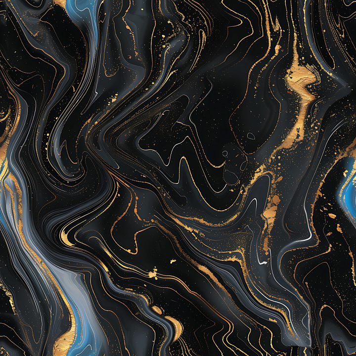 Glossy Black Marble with Swirling Gold and Blue Veins seamless PBR texture preview
