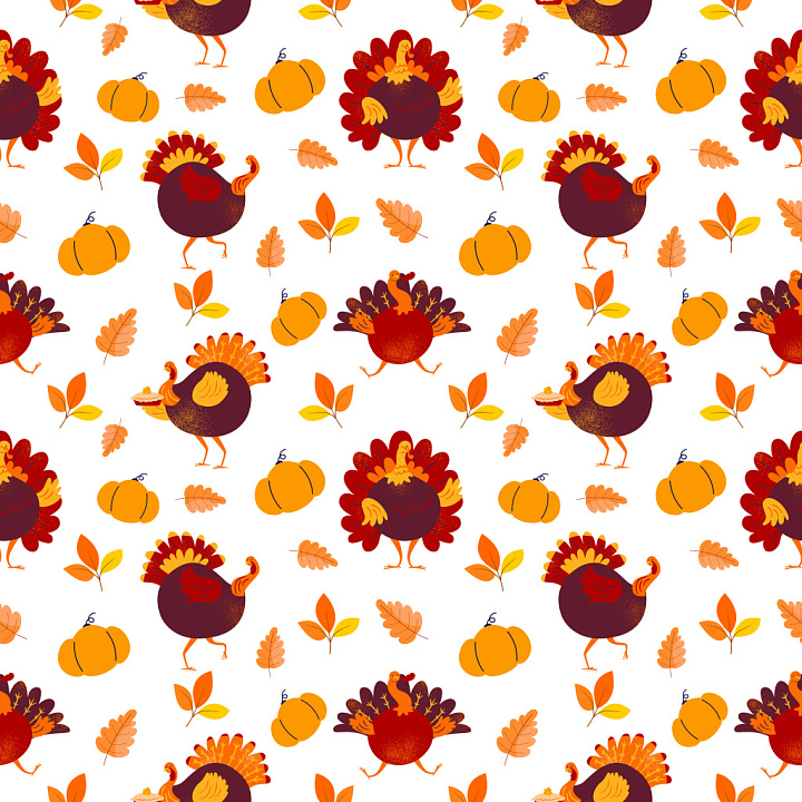 Pattern with Playful Thanksgiving Turkeys and Autumn Motifs seamless PBR texture preview