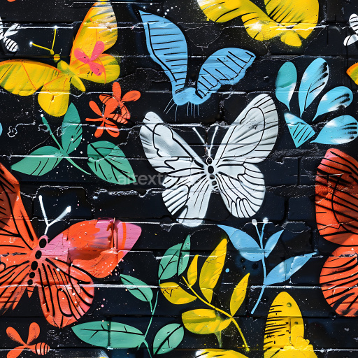 Seamless 3D PBR Graffiti Texture Featuring Bright Butterflies and Botanical Elements