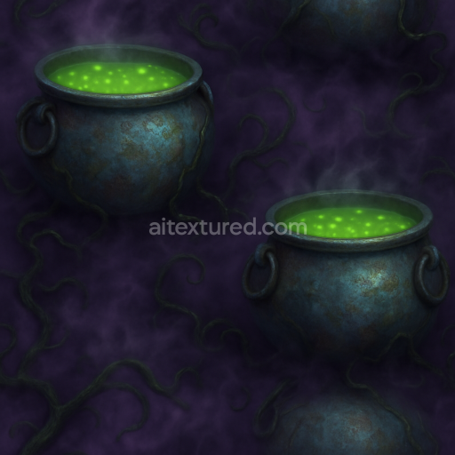 Seamless 3d texture pbr 8k witch brew liquid in cauldron metal with eerie reflections