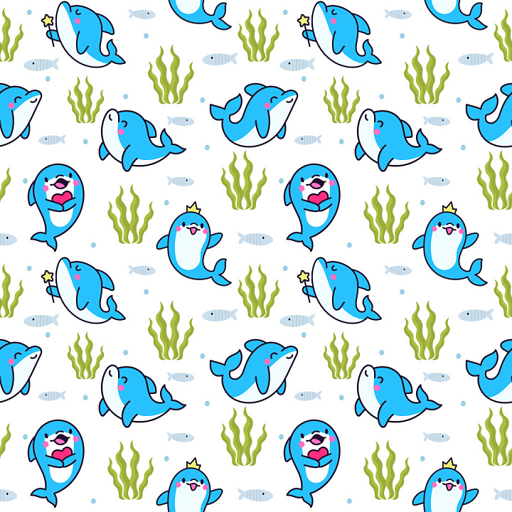 Pattern with Playful Cartoon Dolphins and Seaweed seamless PBR texture preview