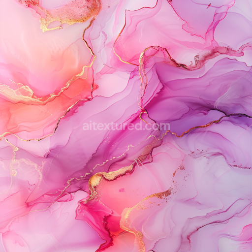 Seamless 3D Alcohol Ink PBR Texture with Pink and Purple Fluid Waves and Gold Veins