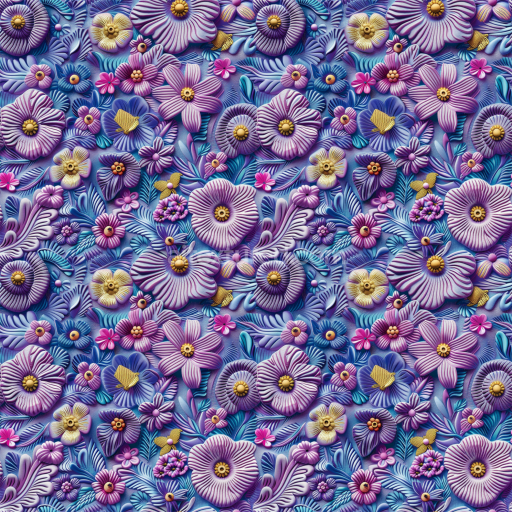 Seamless 3D PBR Texture of Colorful Embroidered Floral Fabric with Blue and Purple Hues