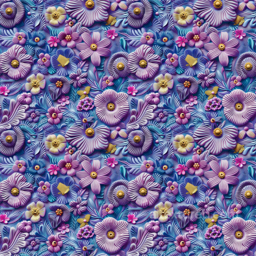 Colorful Embroidered Floral Fabric Seamless Texture with Blue and Purple Hues seamless Embroidered floral PBR texture