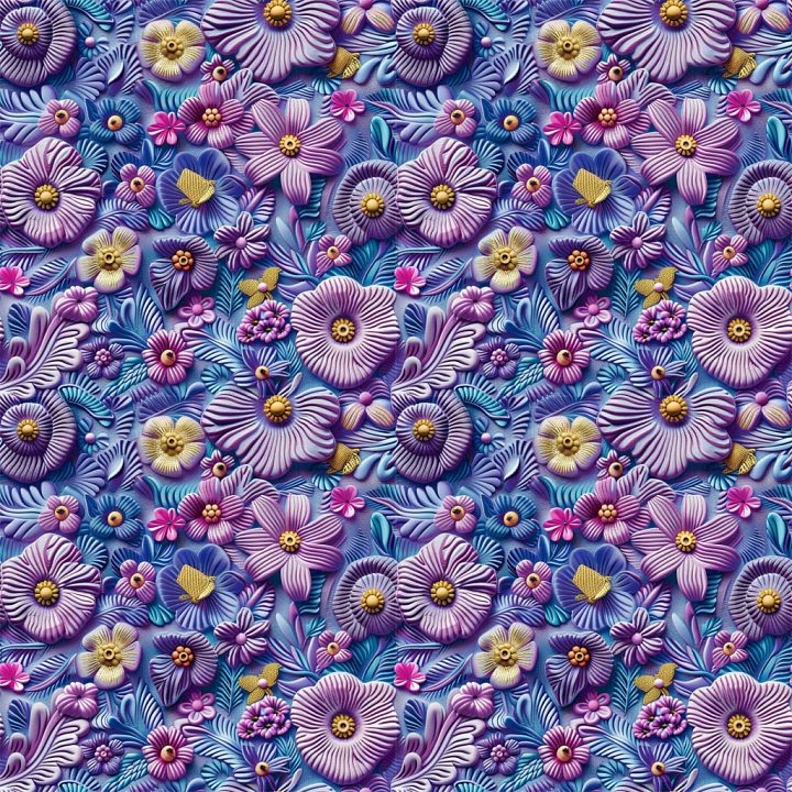 Colorful Embroidered Floral Fabric with Blue and Purple Hues seamless PBR texture preview